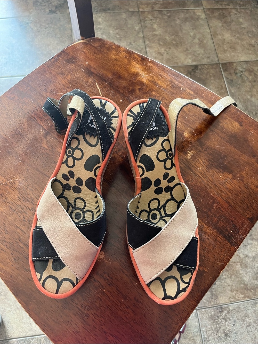 Fly London Two-Tone Slingback Sandals in Black and Beige with Coral Trim